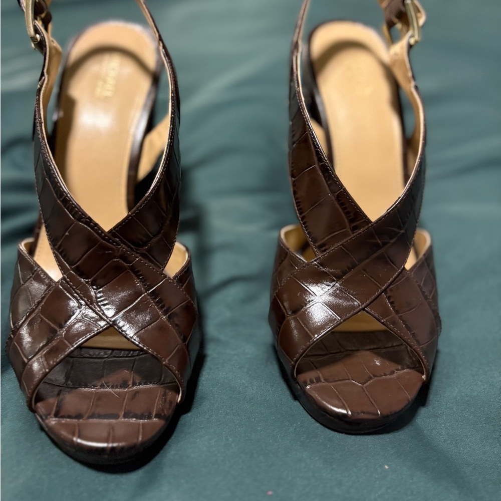 Michael Kors Becky Embossed Leather Sandal Heels Elegant Brown Slingback Heels